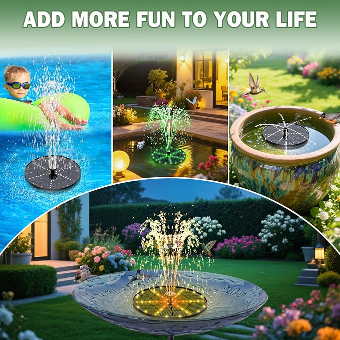 Yzert Upgraded Solar Fountain Bird Bath with 60 LED Lights, Solar Powered Water Fountain Pump with 4000mAh Battery 7 Nozzles 4 Fixers, for Garden Patio Pond Birdbath Pool