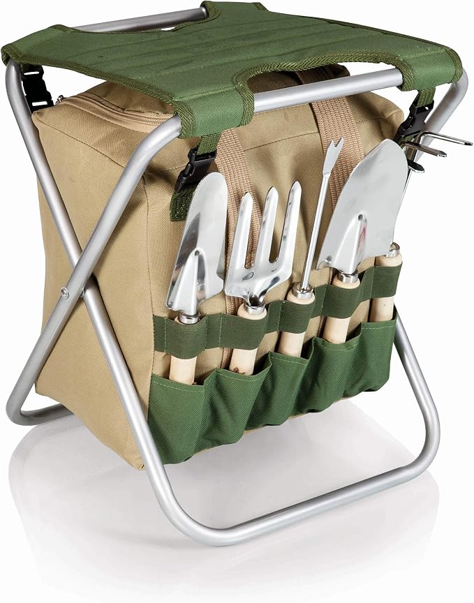 PICNIC TIME Disney Minnie Mouse Gardener Folding Seat with Tools, Folding Garden Stool with Detachable Tote and 5 Piece Hand Tool Set Organizer, (Olive Green with Beige Accents)