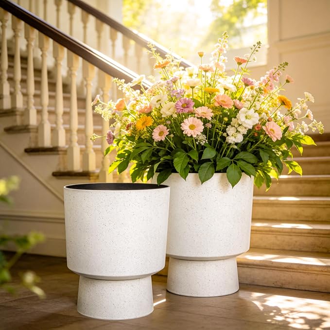 Autodaya 16.75" White Terrazzo Urn-Style Pedestal Planters Set of 2 | Modern 2-In-1 Pots with UV Protection for Indoor and Outdoor Plants, Garden, Patio, Balcony, or Entryway Decor