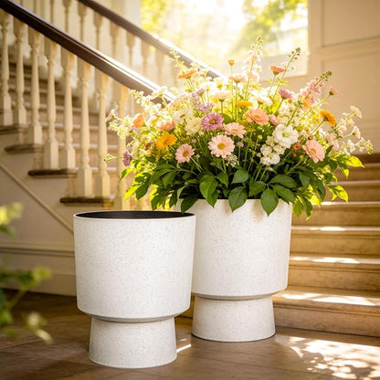2-Pack 16.75" White Terrazzo Urn Planters with Detachable Bases | Set of 2 PP urn planters with white terrazzo finish, detachable bases, drainage plugs, and UV-treated surface for porch