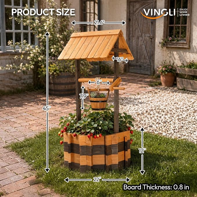 VINGLI Wooden Wishing Well Outdoor Planters, Well Covers for Yard with 2 Reinforced Rods, Height Adjustable Hanging Bucket, Rustic Flower Pot Decor for Outside Patio Garden (Two-Tone, 22" Width)
