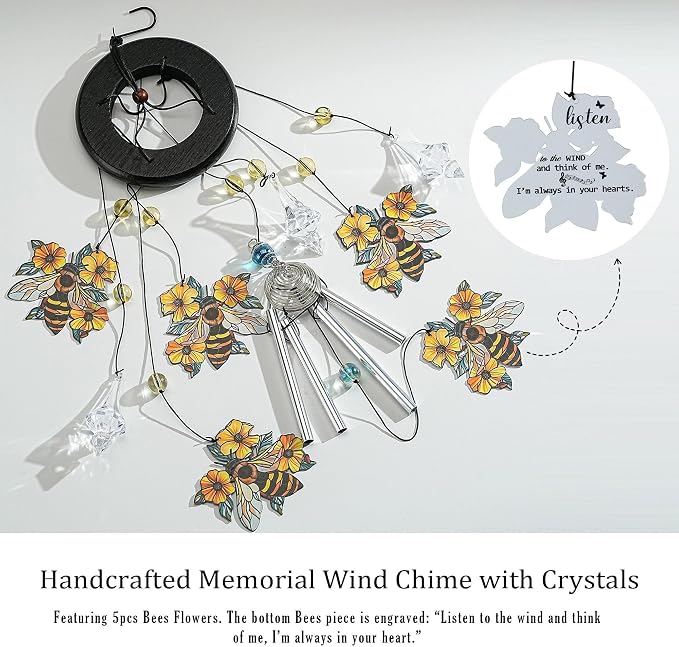 27'' Memorial Bee Wind Chimes with Crystals for Outside,Garden Patio Decor | Sympathy & Memorial Gift,Handcrafted Bee Design,Durable Indoor/Outdoor Decor,Thoughtful Gift for Mom/Grandma,Easy-to-Hang