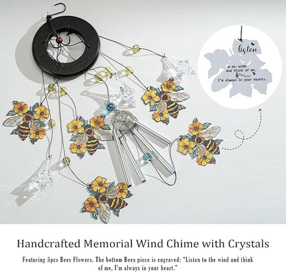 27'' Memorial Bee Wind Chimes with Crystals for Outside,Garden Patio Decor | Sympathy & Memorial Gift,Handcrafted Bee Design,Durable Indoor/Outdoor Decor,Thoughtful Gift for Mom/Grandma,Easy-to-Hang