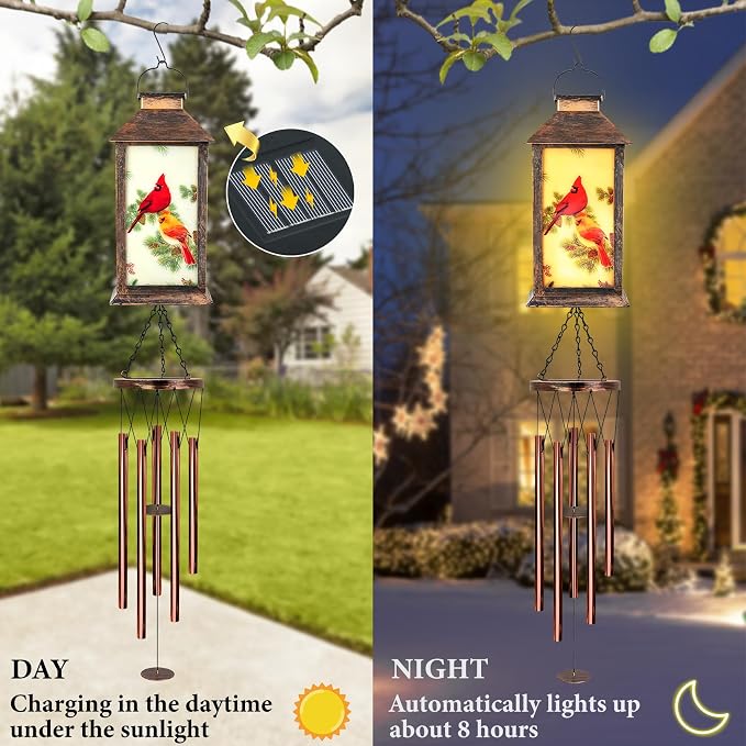 YHmall Cardinal Wind Chimes for Outside, 37" Hanging Memorial Solar Wind Chimes for Outside, Solar Lantern Christmas Cardinal Gifts for Women Mom Windchimes Outdoors for Patio Garden Decor Birthday