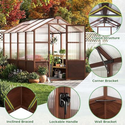 Jocoevol 6x8ft Outdoor Greenhouse, Wooden Frame Polycarbonate Greenhouse with Adjustable Roof Vents and Lockable Door Handle, Walk-in Greenhouse Perfect for Backyard and Garden