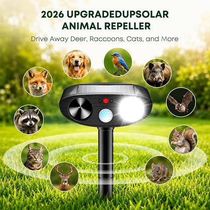 2026 Upgraded Solar Ultrasonic Animal Repeller Outdoor, Sonic Fortress Pro Deer Repellent with Motion, Waterproof,Cat Deterrent for Garden Yard, Squirrel Raccoon Skunk Rabbit Dog Bird (Black, 4)