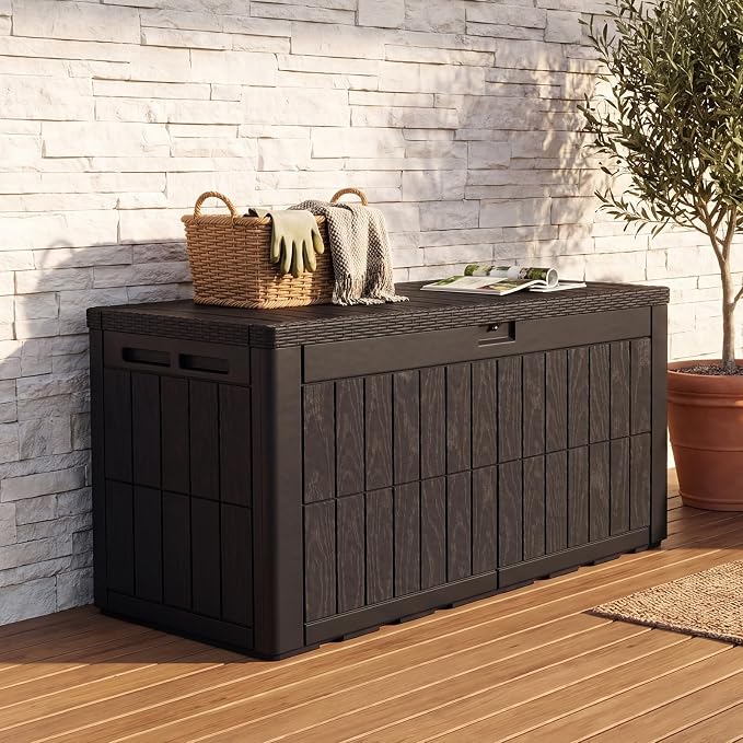 Quictent 100 Gallon Resin Deck Box, Outdoor Storage Bench, Weatherproof Waterproof, Heavy Duty UV Resistant, Lockable Container