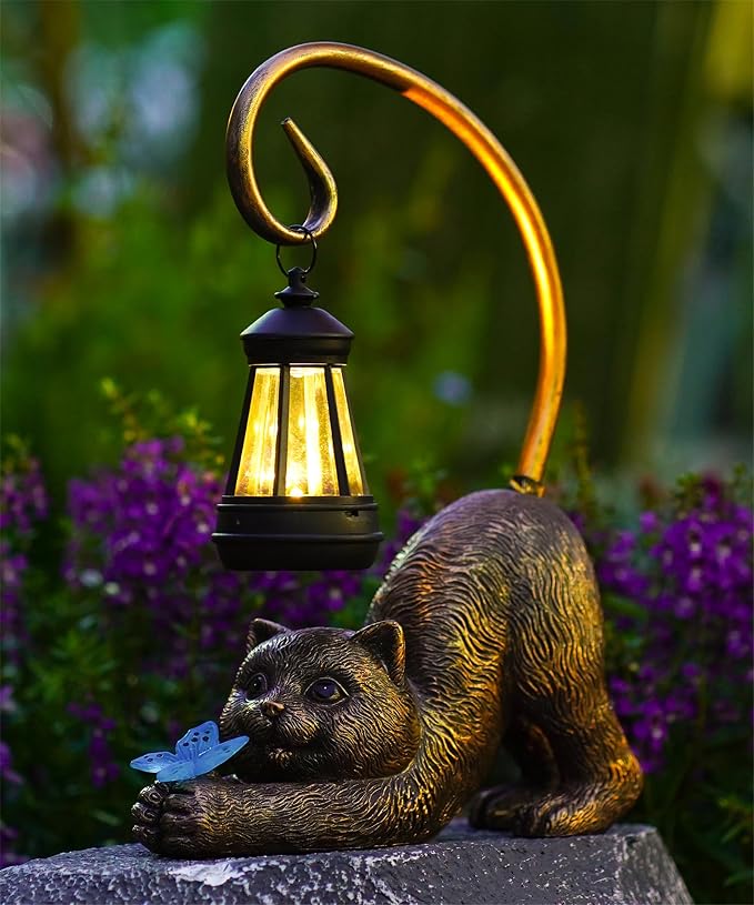 Solar Cat Garden Statue: Outdoor Sculptures with Lantern | Weatherproof Resin Decorations, Art Patio Balcony Yard Lawn Decor, Unique Birthday Gift for Women Mom Grandma