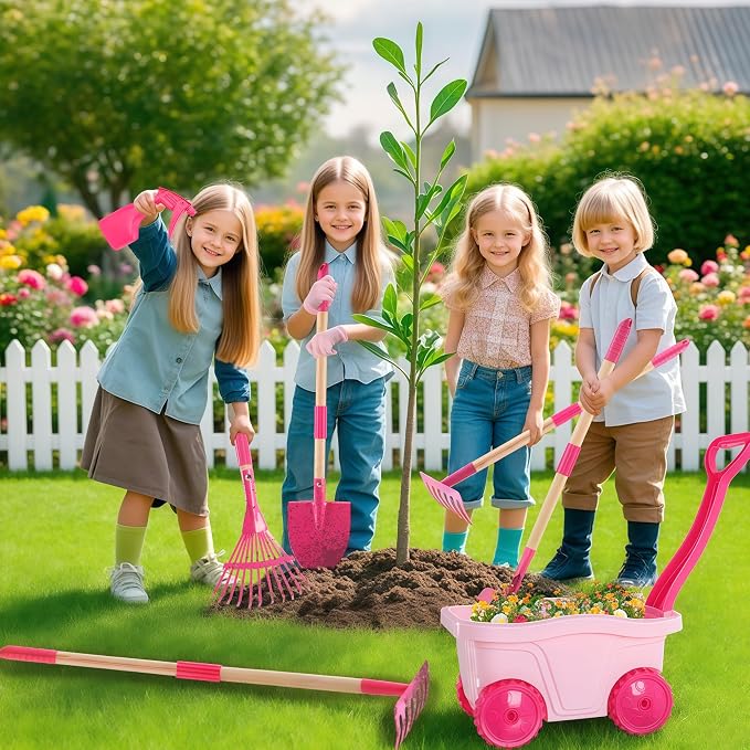 Kids Gardening Tools Set – 7pcs Wheelbarrow Set with Shovel, Rake, Pink | Shovel, Rake, Lawn Digging & Weeding, Summer Outdoor Yard Toy for Age 2 3+, Easter & Birthday Gift for Boys Girls