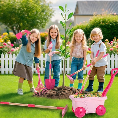 Kids Gardening Tools Set – 7pcs Wheelbarrow Set with Shovel, Rake, Pink | Shovel, Rake, Lawn Digging & Weeding, Summer Outdoor Yard Toy for Age 2 3+, Easter & Birthday Gift for Boys Girls