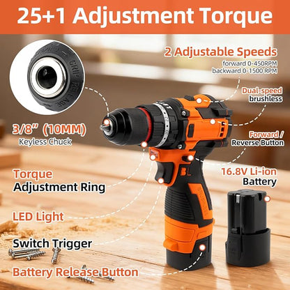 16.8V Brushless Cordless Drill Driver Kit 158PCS, Household DIY Hand Power Tool Combo Set for Professional Garden Office Home Repair Orange