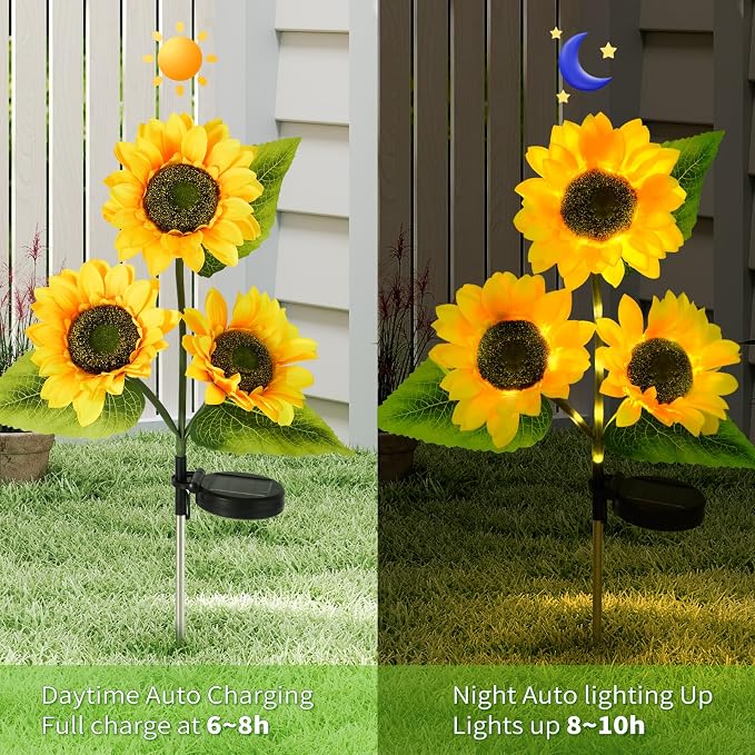6-Pack Solar Sunflower Garden Lights Outdoor 18 LED Flowers - Waterproof Long-Lasting Solar Patio Lights, Outdoor Decor for Lawn, Yard
