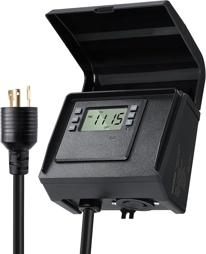 SURAIELEC Digital Pool Timer for Above Ground Pools, NEMA L5-20R Twist-Lock Plug-in Timer, 20A 125V 1HP, Programmable 7-Day Schedule, Weatherproof Cover, for Pool Pumps, Heaters and Lights
