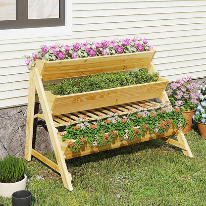3-Tier Raised Garden Bed, Elevated Gardening Bed with Storage Shelf, Bed Liner, Garden Planter for Flowers, Vegetables, Herbs, Pine Wood Planter Box for Patio, Balcony, Porch