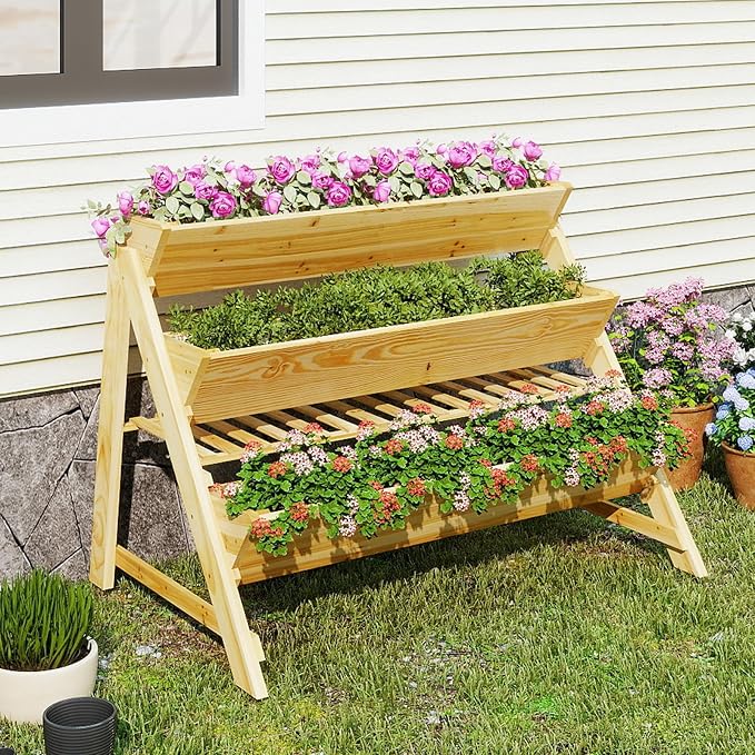 S AFSTAR 3-Tier Vertical Garden Bed, Wooden Elevated Planter Bed with Legs, Storage Shelf, 2 Hooks, Raised Bed Kit for Flower Vegetable Herb, Outdoor Plant Box Stand for Yard Garden & Balcony
