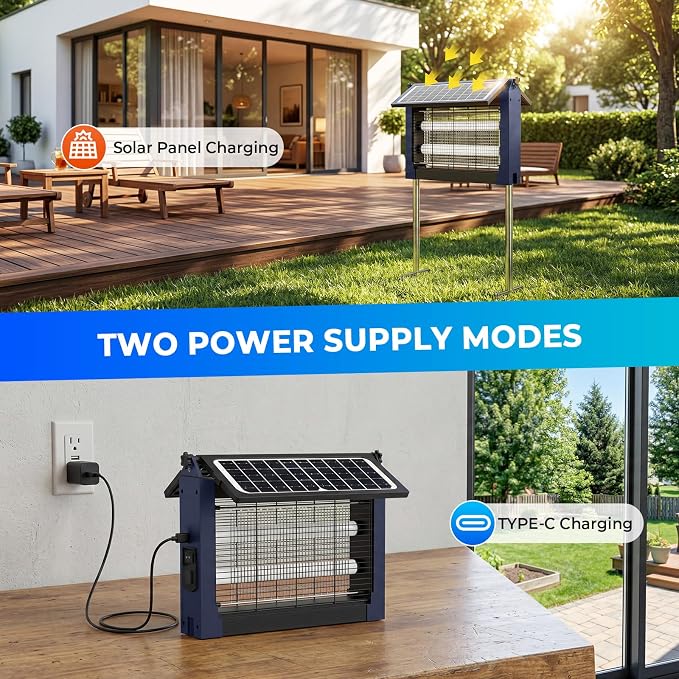 Upgraded Solar Bug Zapper Outdoor with Dual Panels, 4500V Cordless Rechargeable Fly Insect Killer Waterproof Electric Mosquitoes Zapper for Patio Garden Backyard RV Camping Pond