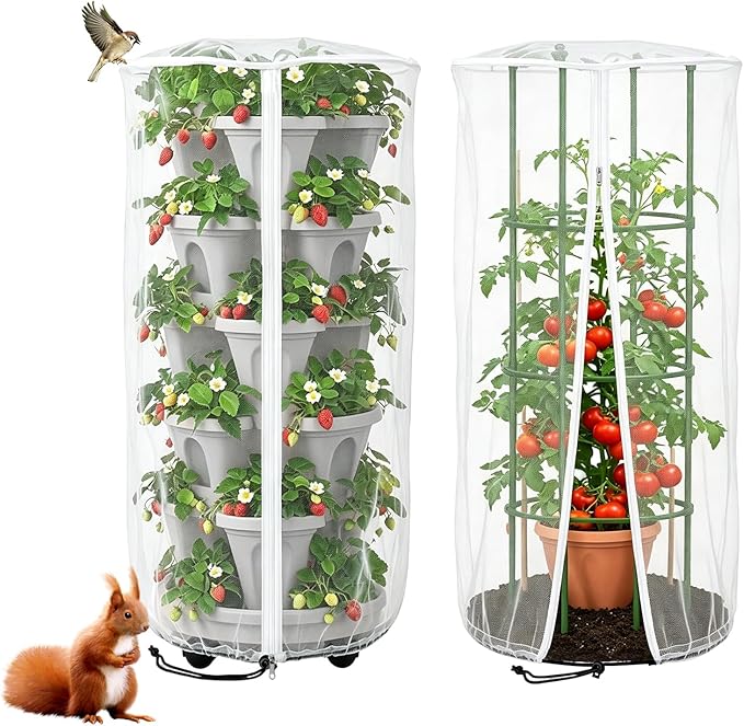 2PCS Mesh Vertical Planter Bug Netting, 39"X20" Large Stackable Planter Netting 5 Tier Strawberry Planter Protector White Round Garden Bird Netting Plant Cover with Zipper for Tomato Flower Fruit