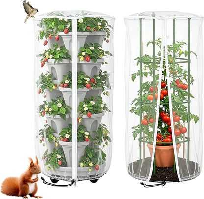 2PCS Mesh Vertical Planter Bug Netting, 39"X20" Large Stackable Planter Netting 5 Tier Strawberry Planter Protector White Round Garden Bird Netting Plant Cover with Zipper for Tomato Flower Fruit