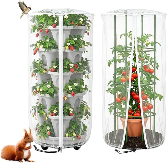 2PCS Mesh Vertical Planter Bug Netting, 39"X20" Large Stackable Planter Netting 5 Tier Strawberry Planter Protector White Round Garden Bird Netting Plant Cover with Zipper for Tomato Flower Fruit