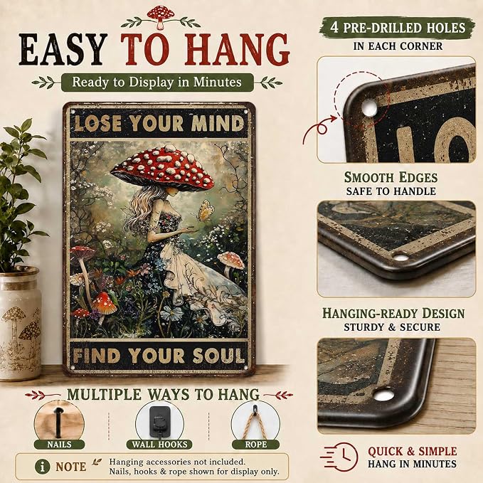 PEACHGARDEN Vintage Mushroom Kitchen Decor Lose Your Mind Find Your Soul Metal Tin Sign Whimsigoth Wall Art Cottagecore Witchy Room Aesthetic For Home Coffee Bar Botanical Bohemian Gift 8x12 Inch