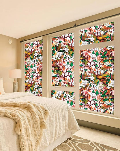 Stained Glass Privacy Film Decorative With Free Tools, Magnolia Window Film for Home, Frosted Tint, Covers Cling, 17.5 Inch by 157.4 Inch