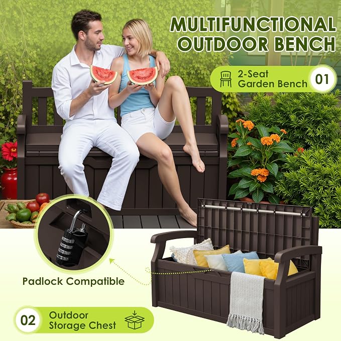 Greesum 80 Gallon Heavy-Duty Outdoor Storage Bench with Cushion, UV-Resistant Resin Bench with Armrest, Deck Box for Garden, Poolside, Patio, Dark Brown
