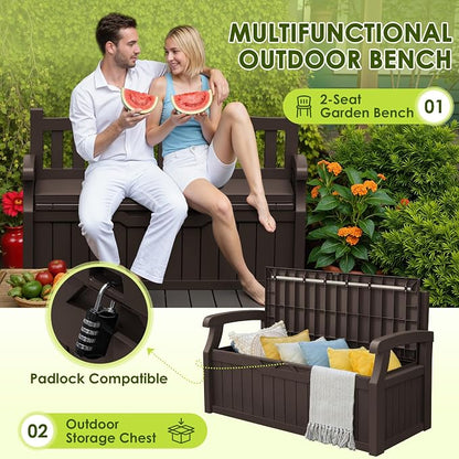 Greesum 80 Gallon Heavy-Duty Outdoor Storage Bench with Cushion, UV-Resistant Resin Bench with Armrest, Deck Box for Garden, Poolside, Patio, Dark Brown