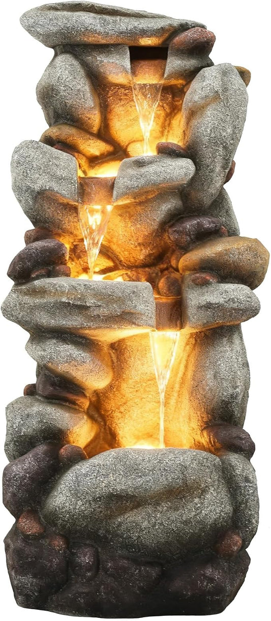 Utym 40" H Oversized Pebbles Rock Outdoor Fountain with Warm LED Lights | 3-Tier Extra-Large Stacked Pebbles River Waterfall with Cascading Water Feature for Garden Patio Yard and Backyard