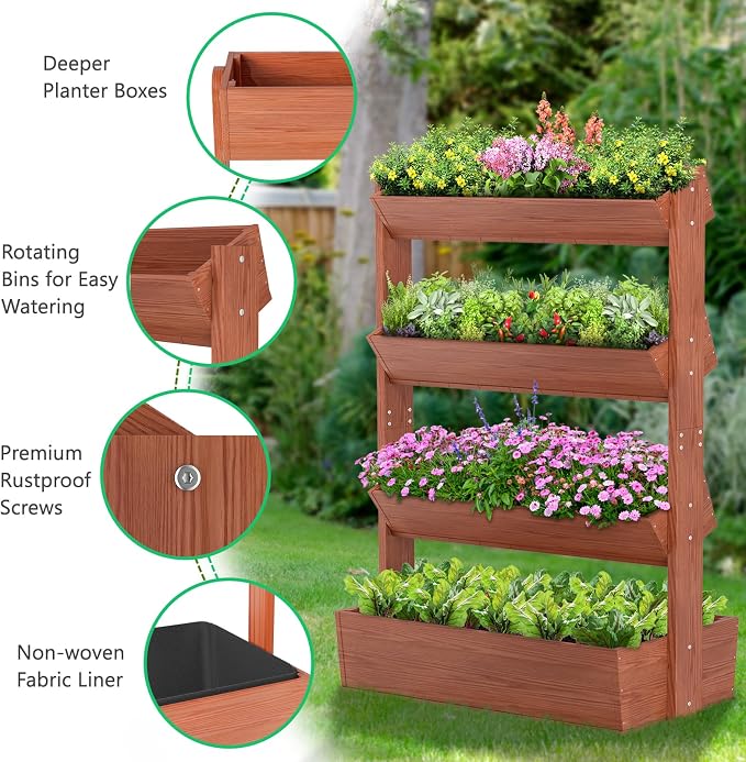 DoCred Vertical Raised Garden Bed, 5 Tier Freestanding Wood Garden Planters | Wooden Plant Stand Flower Rack with Planter Box for Herbs Flowers Vegetables Outdoor Indoor Gardening, Red