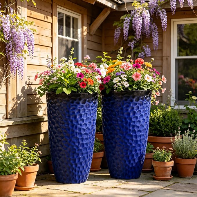 23.75" Cobalt Blue Plastic Tall Planters with Honeycomb Texture | Set of 2 PP tall planters with cobalt blue honeycomb texture, drainage plugs, and UV-treated finish for porch or patio