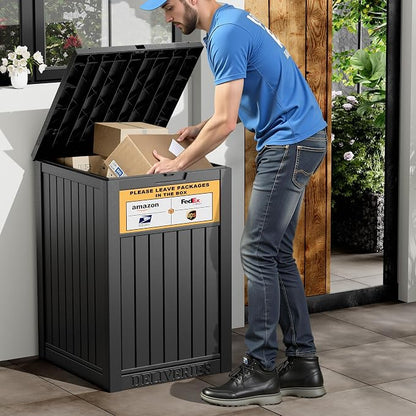 Package Delivery Box for Outside with Sign, Secure Lockable Waterproof Package Delivery Container, Resin Deck Box for Porch & Garden, Classic Black