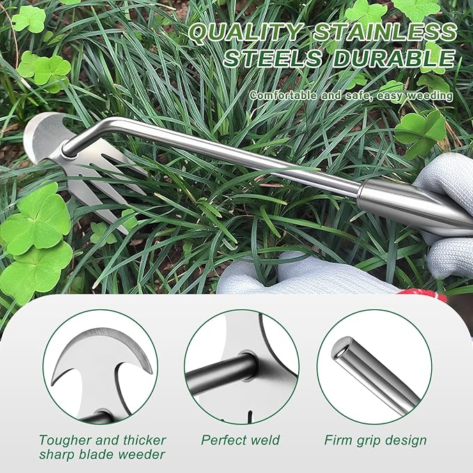 Weed Removal Tool, 2025 New Garden Weeding Tools Manganese Steel Hand Weeder Tool with Handle, 4 Teethes Dual Purpose Manual Weeders Tool Weed Pulling Tool for Garden19.6inch