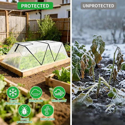 2Pack Foldable Garden Plants Covers with Two Dual Layer Skylights, 47.2" X 14.2" X 13" Raised Bed Greenhouse Cover, Garden Frost Protection for Vegetable Flower Fruits from Animals, Include 16 Stakes