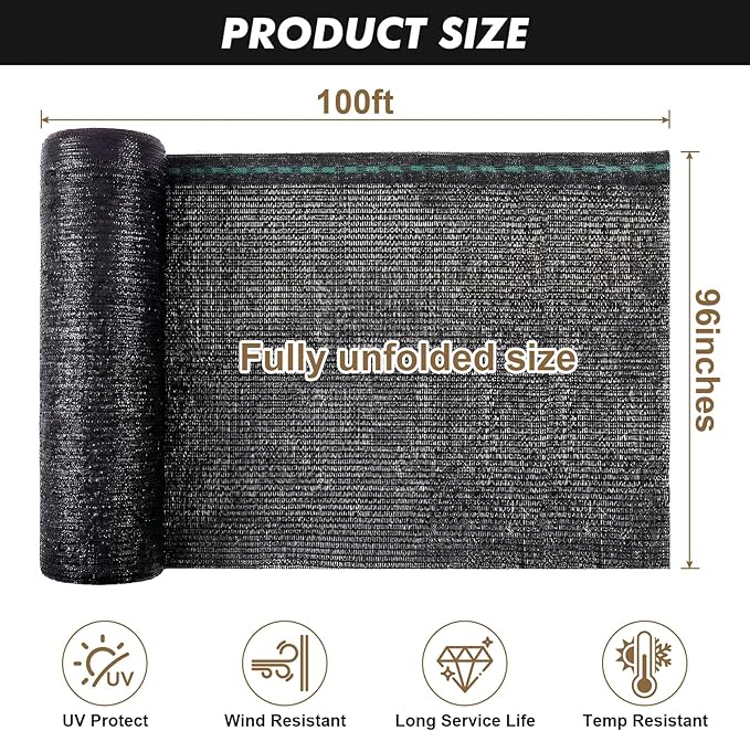 Artpuch 50% Black Garden Shade Cloth Roll for Plants, Sun Shade Cover Fabric Roll with UV Block Shades Netting Mesh Privacy Fence Screen for Greenhouse, Backyard, Patio, 8' x 100 FT