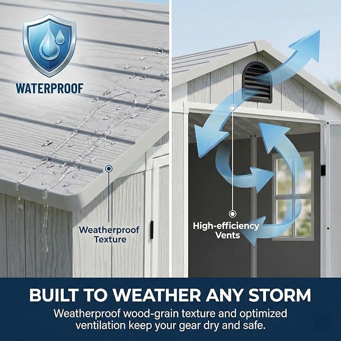 Devoko 4×6 FT Resin Storage Sheds with Floor, Plastic Outdoor Tool Shed with Windows, Waterproof Outside Sheds and Lockable Doors for Backyard Lawn Garden, Light Gray