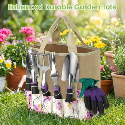 Garden Tools Set, 30 Piece Stainless Steel Gardening Kit with Vintage Floral Tote Bag, Non-Slip Ergonomic Rubber Handle, Ideal Gift for Women & Beginners, for Succulent, Home Garden