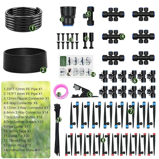 230FT Drip Irrigation Kit with 34 Emitters, 3 Spray Types, Push-Fit System | Extra long irrigation system with 3 adjustable water-saving misting nozzles for watering of large garden areas, leak-free