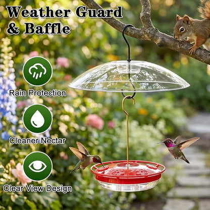 FEED GARDEN Hummingbird Feeder with Rainproof Dome, 16oz Nectar Feeder 11.8" Rain Guard Weatherproof Ant Moat Easy Fill & Clean Hanging Leak-Proof BPA-Free