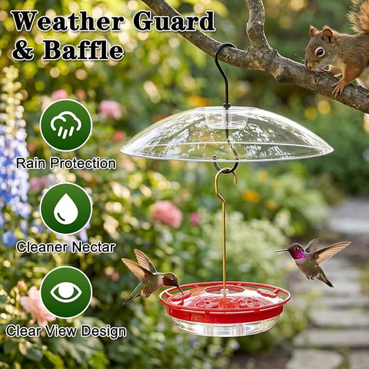 FEED GARDEN Hummingbird Feeder with Rainproof Dome, 16oz Nectar Feeder 11.8" Rain Guard Weatherproof Ant Moat Easy Fill & Clean Hanging Leak-Proof BPA-Free