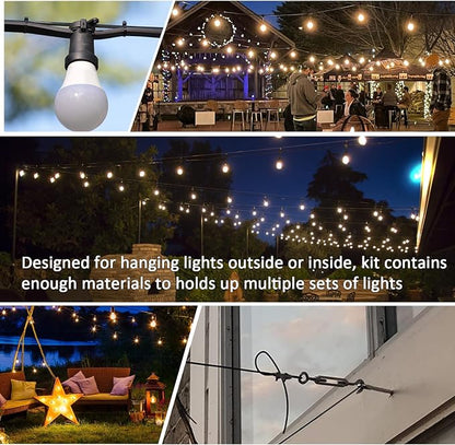 String Light Hanging Kit, All-Black Globe String Lights Suspension Kit w/ 100FT PVC Coated Steel Cable & Enough Accessories, Guide Wire for Outdoor String Lights, Patio Lights, Camping Light