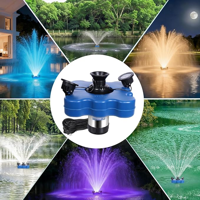 Pond Fountain Aerator with Lights,Floating Fountain for Outdoor Large Ponds | AC110V 1HP 750W with 15000 GPH RGB Light Aeration Aerating Fountain Pump for Outdoor Ponds & Lakes with 15A/100FT Power Cord