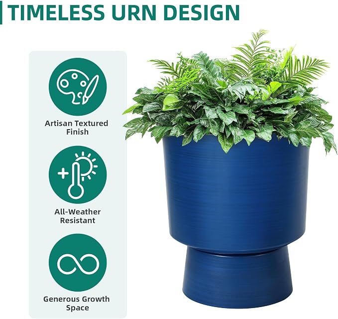 2-Pack 16.8" Brushed Blue Plastic Urn Planters with Detachable Bases | Set of 2 PP urn planters with brushed blue finish, detachable bases, drainage plugs, and UV-treated finish for porch