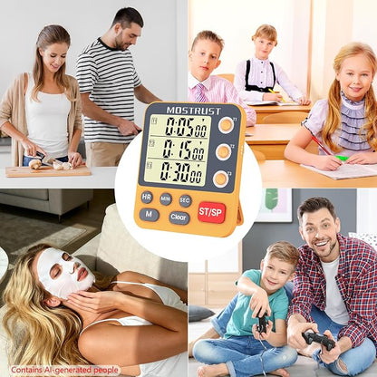 Digital Dual Kitchen Timer, 3 Channels Countdown Triple Timer for Cooking, Magnetic Memory-Preset Large Display Adjustable Alarm Volume, Multi Times Management, 3A Battery Included, Orange