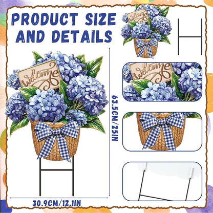 Amyhill Summer Outdoor Decor Hydrangea Metal Garden Stakes 25 Inch Decorative Hydrangea Yard Signs with Stakes Waterproof Floral Lawn Sign Welcome Outdoor Decorations for Patio Porch Lawn Backyard