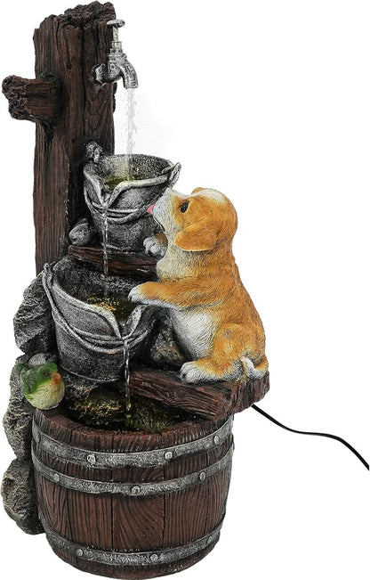 24.5" Puppy & Green Bird Outdoor Fountain with LED Lights | Pastoral Buckets & Wooden Barrel Water Feature, 3-Tiers Soothing Cascading Waterfall for Patio, Backyard, Garden