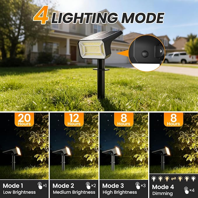 Fabrito Upgraded Solar Spot Lights Outdoor IP67 Waterproof 8 Pack, [108 LEDs, 4 Modes, 800LM] Dusk to Dawn Spotlights for All Night, 2-in-1 Solar Landscape Lights for Garden, Yard, Tree, Warm White