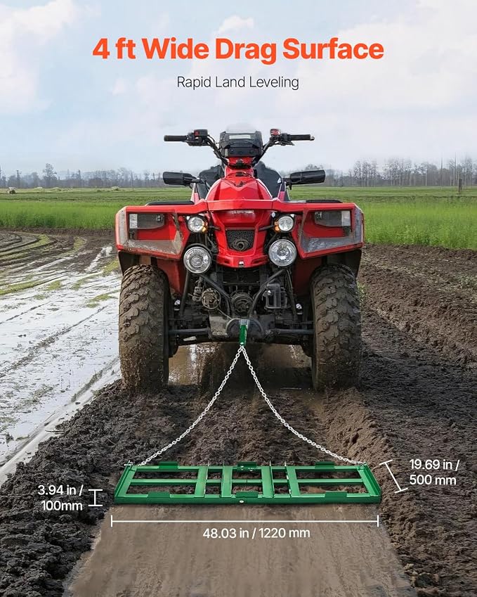 VEVOR Drag Harrow, 4 ft Heavy Duty Tow Behind Drag Harrow with Adjustable Bars & 72 in Chain, Driveway Grader Landscape Rake for ATV, UTV, Tractor, Mower Tow Behind Yard Lawn Leveling Tool