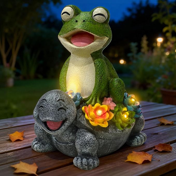 Solar Garden Statues, Cute Smiling Animal Outdoor Decor with 8 Bright LED Lights for Patio Yard Balcony Perfect Mother‘s Day Birthday Housewarming Garden Gift (Green Frog - Stone colored Turtle)