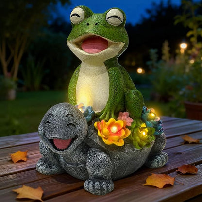 Solar Garden Statues, Cute Smiling Animal Outdoor Decor with 8 Bright LED Lights for Patio Yard Balcony Perfect Mother‘s Day Birthday Housewarming Garden Gift (Green Frog - Stone colored Turtle)