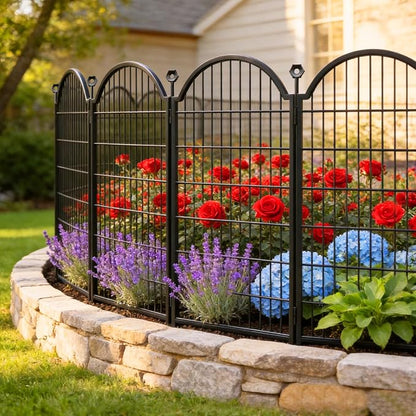 8 Panels Decorative Garden Fence Outdoor for the Yard – 48in(H) x 18ft(L) Heavy Duty Metal Animal Barrier for Dog, No Dig Dog Fence, Rustproof Tall Garden Fencing Panel